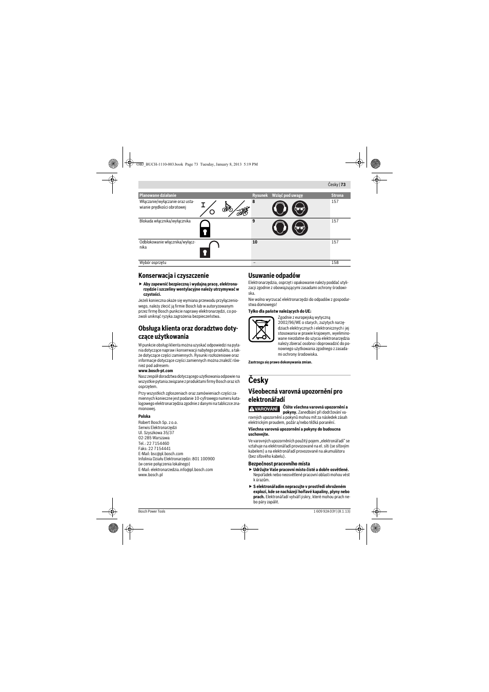 Česky, Konserwacja i czyszczenie, Usuwanie odpadów | Všeobecná varovná upozornění pro elektronářadí | Bosch GBH 2-20 D Professional User Manual | Page 73 / 158