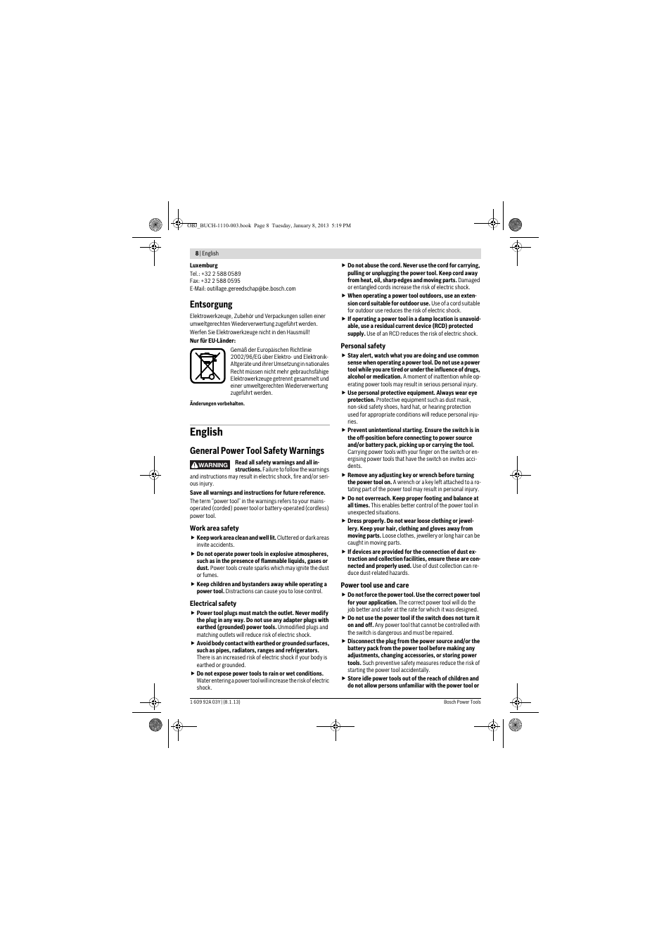 English, Entsorgung, General power tool safety warnings | Bosch GBH 2-20 D Professional User Manual | Page 8 / 158