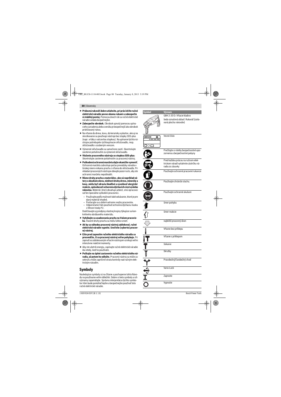 Symboly | Bosch GBH 2-20 D Professional User Manual | Page 80 / 158