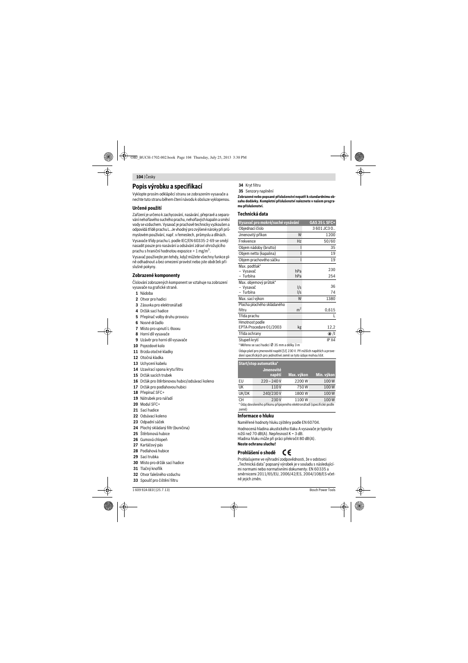 Popis výrobku a specifikací | Bosch GAS 35 L SFC+ Professional User Manual | Page 104 / 219