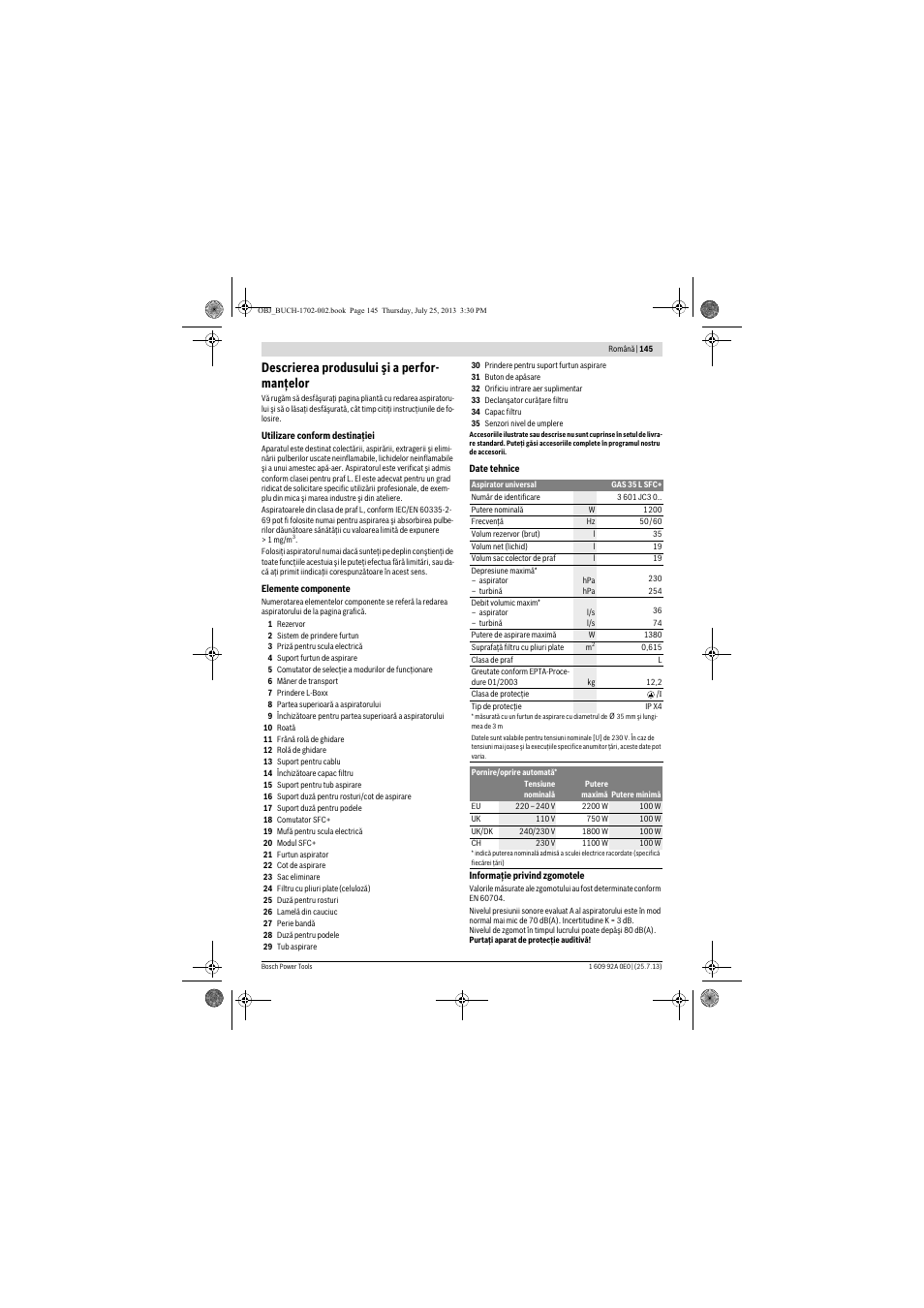 Descrierea produsului şi a perfor- manţelor | Bosch GAS 35 L SFC+ Professional User Manual | Page 145 / 219