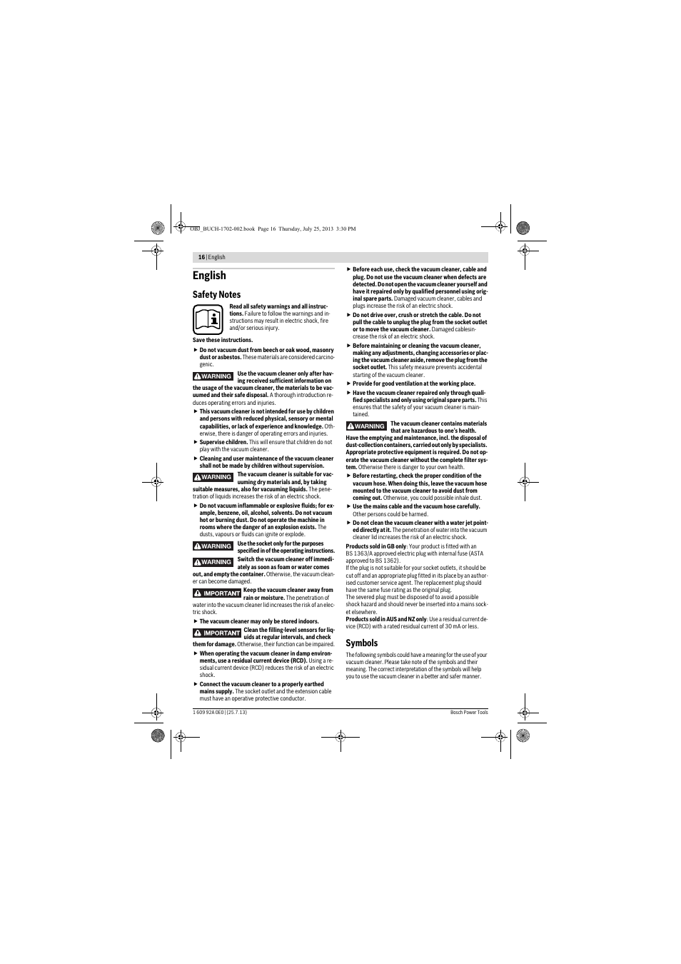 English, Symbols | Bosch GAS 35 L SFC+ Professional User Manual | Page 16 / 219