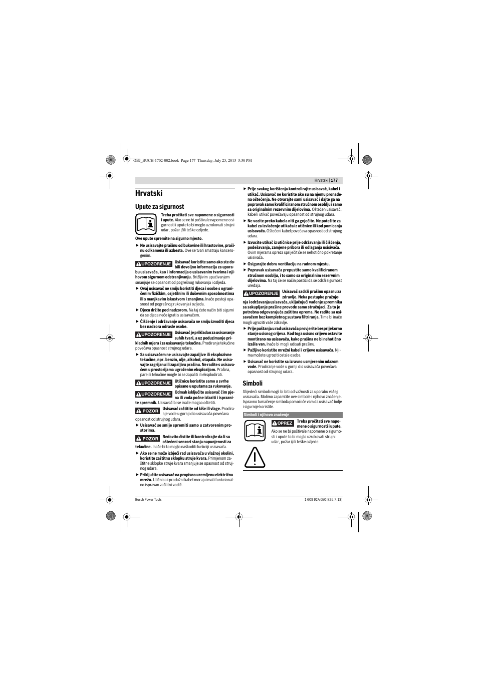 Hrvatski, Upute za sigurnost, Simboli | Bosch GAS 35 L SFC+ Professional User Manual | Page 177 / 219