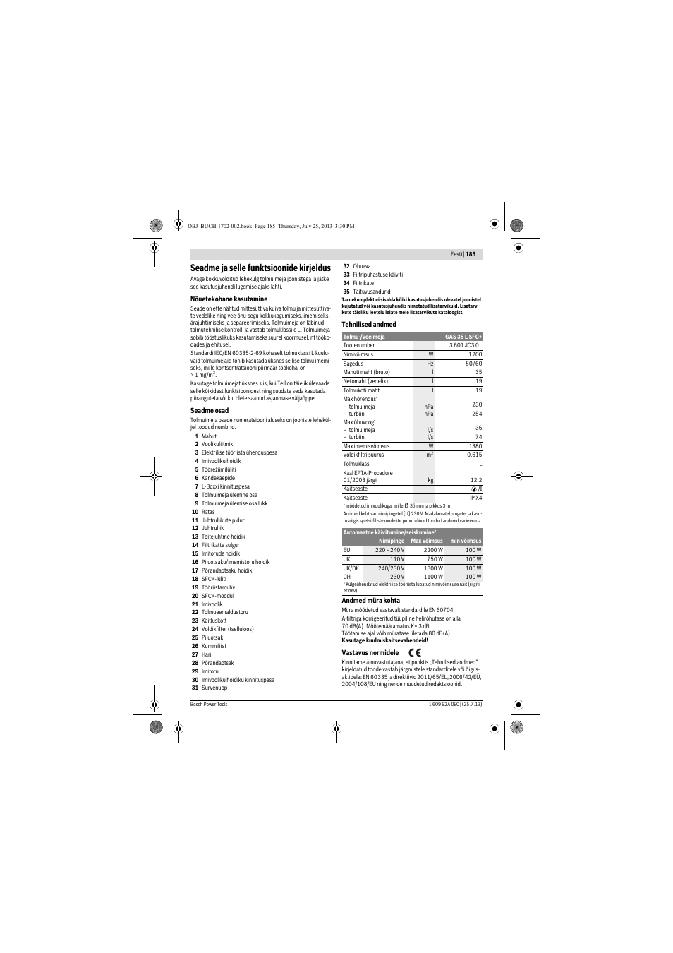 Seadme ja selle funktsioonide kirjeldus | Bosch GAS 35 L SFC+ Professional User Manual | Page 185 / 219