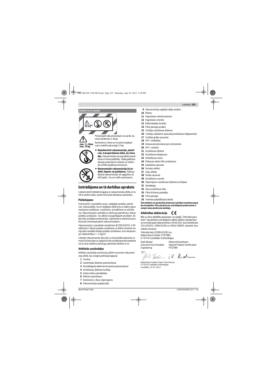 Izstrādājuma un tā darbības apraksts | Bosch GAS 35 L SFC+ Professional User Manual | Page 191 / 219