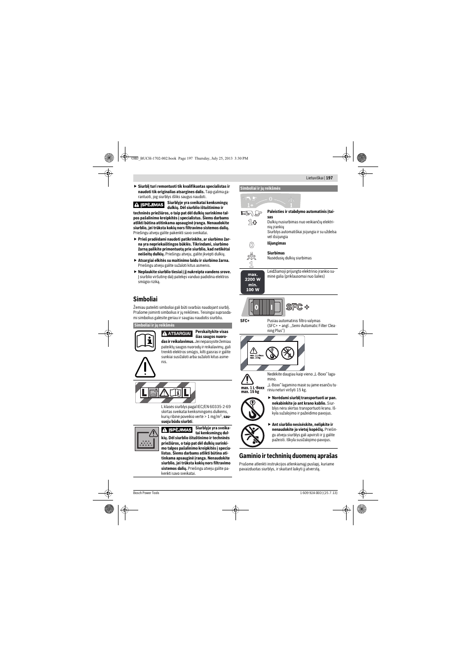 Simboliai, Gaminio ir techninių duomenų aprašas | Bosch GAS 35 L SFC+ Professional User Manual | Page 197 / 219