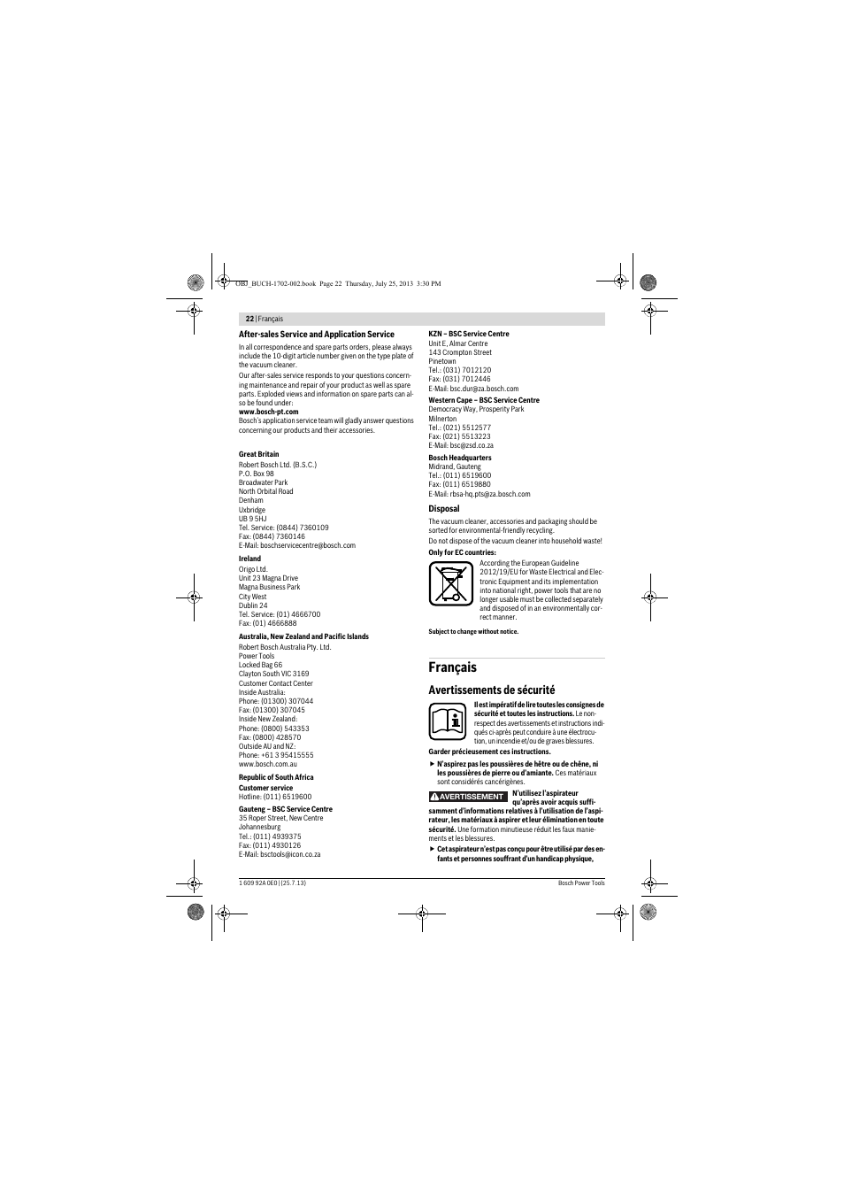 Français, Avertissements de sécurité | Bosch GAS 35 L SFC+ Professional User Manual | Page 22 / 219