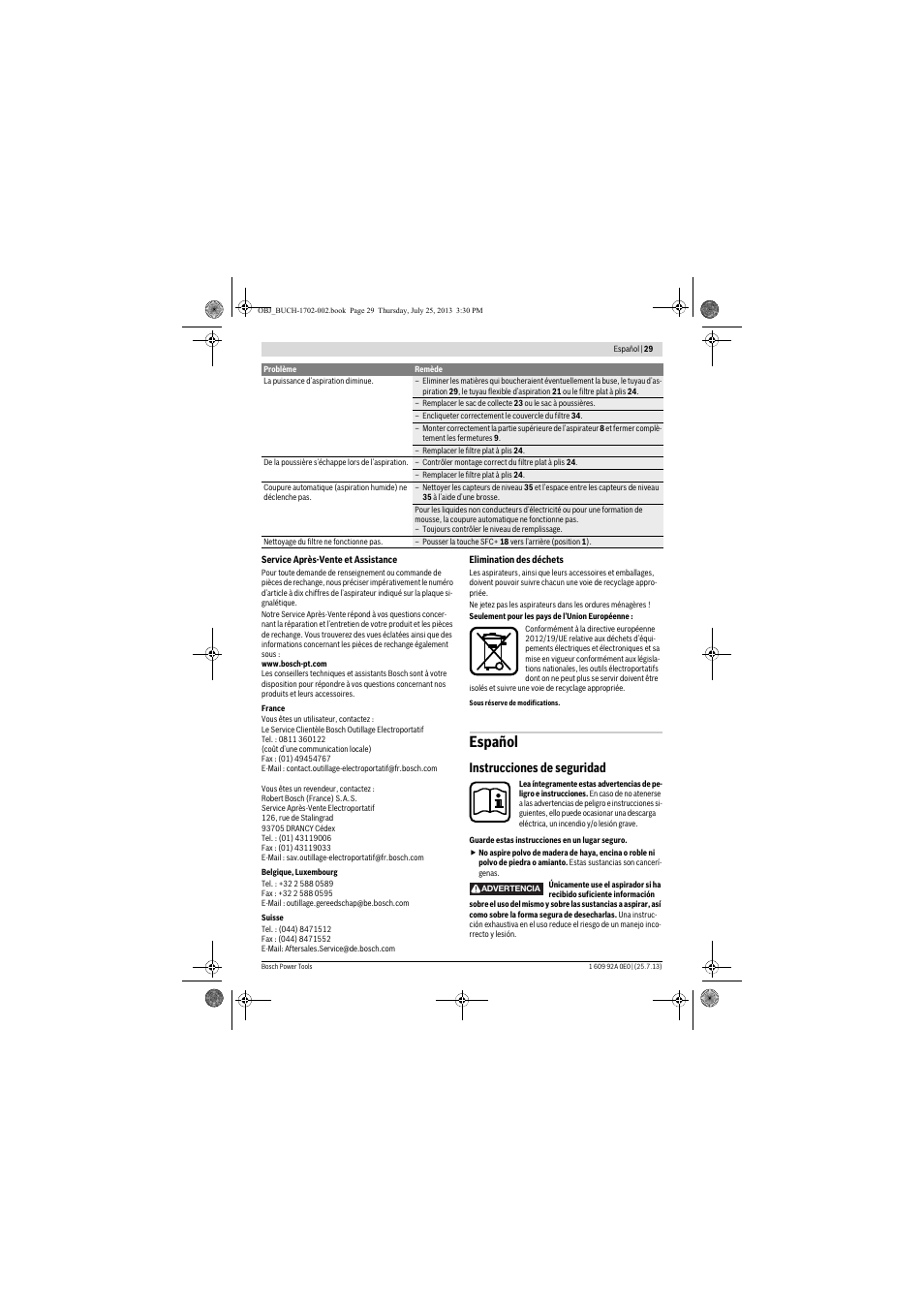 Español, Instrucciones de seguridad | Bosch GAS 35 L SFC+ Professional User Manual | Page 29 / 219