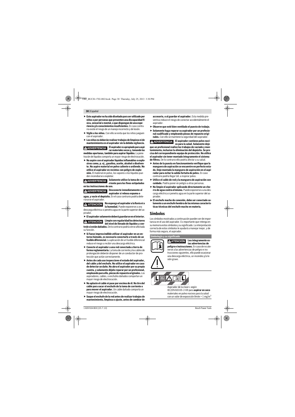 Símbolos | Bosch GAS 35 L SFC+ Professional User Manual | Page 30 / 219