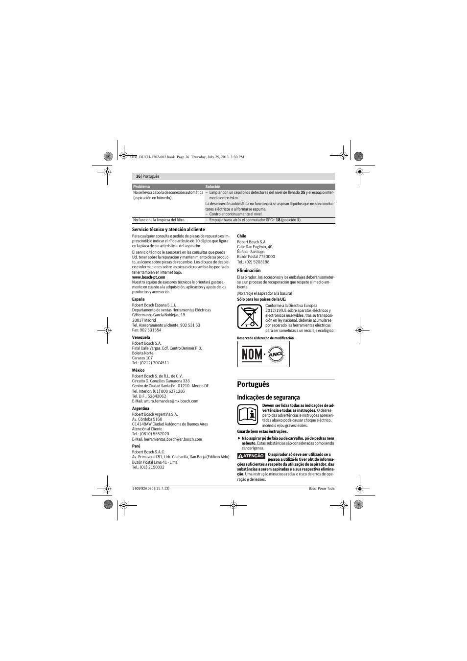 Português, Indicações de segurança | Bosch GAS 35 L SFC+ Professional User Manual | Page 36 / 219