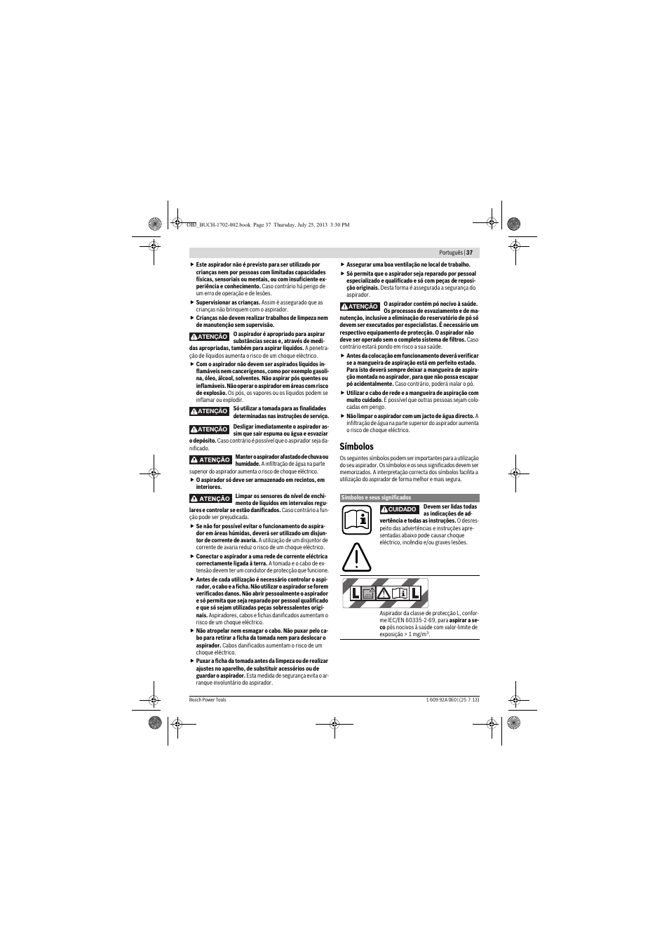 Símbolos | Bosch GAS 35 L SFC+ Professional User Manual | Page 37 / 219