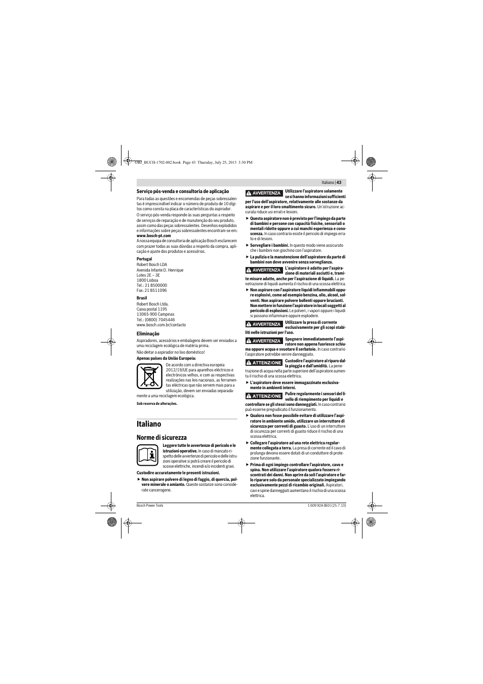 Italiano, Norme di sicurezza | Bosch GAS 35 L SFC+ Professional User Manual | Page 43 / 219