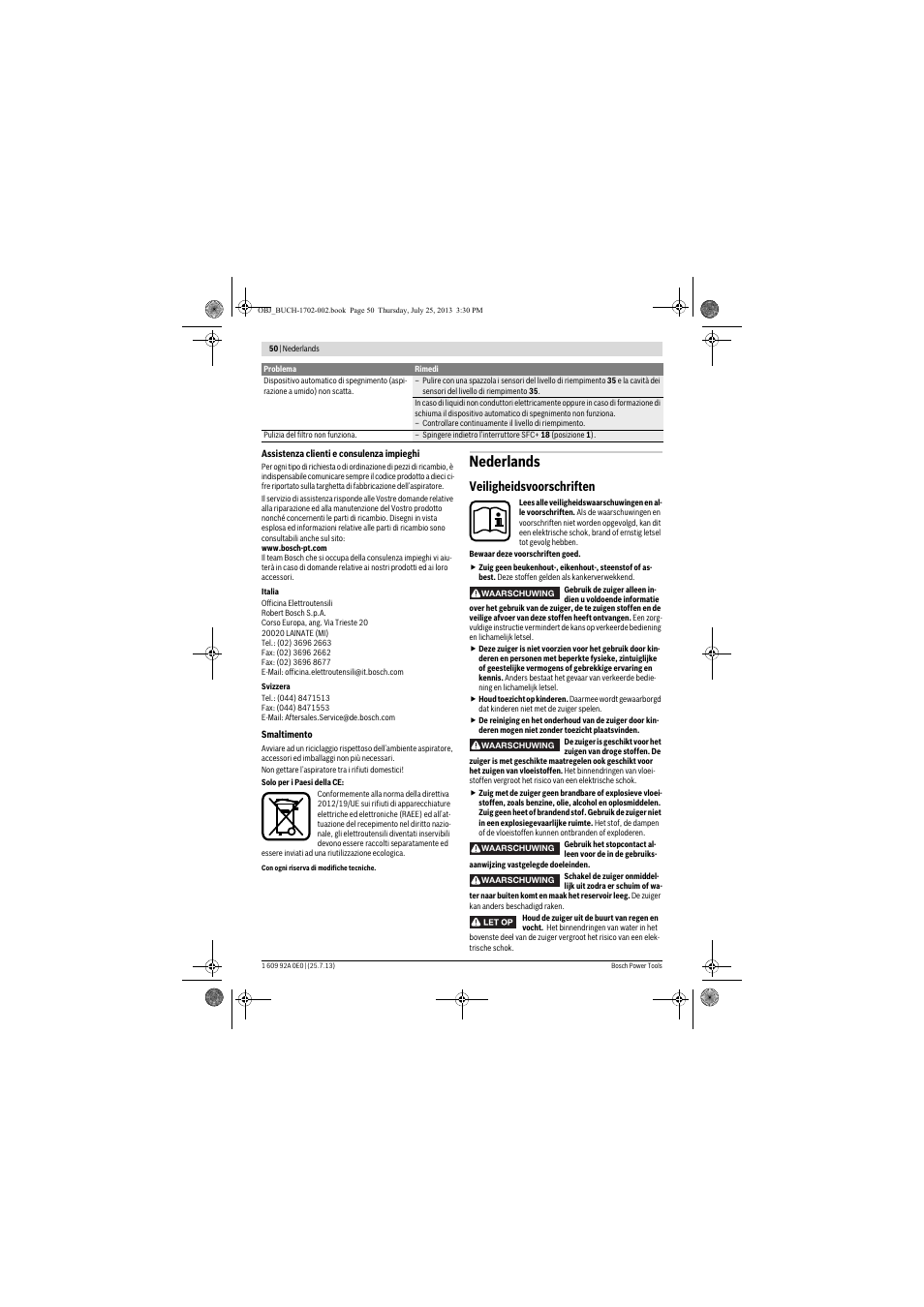 Nederlands, Veiligheidsvoorschriften | Bosch GAS 35 L SFC+ Professional User Manual | Page 50 / 219