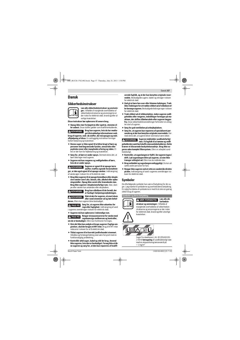 Dansk, Sikkerhedsinstrukser, Symboler | Bosch GAS 35 L SFC+ Professional User Manual | Page 57 / 219