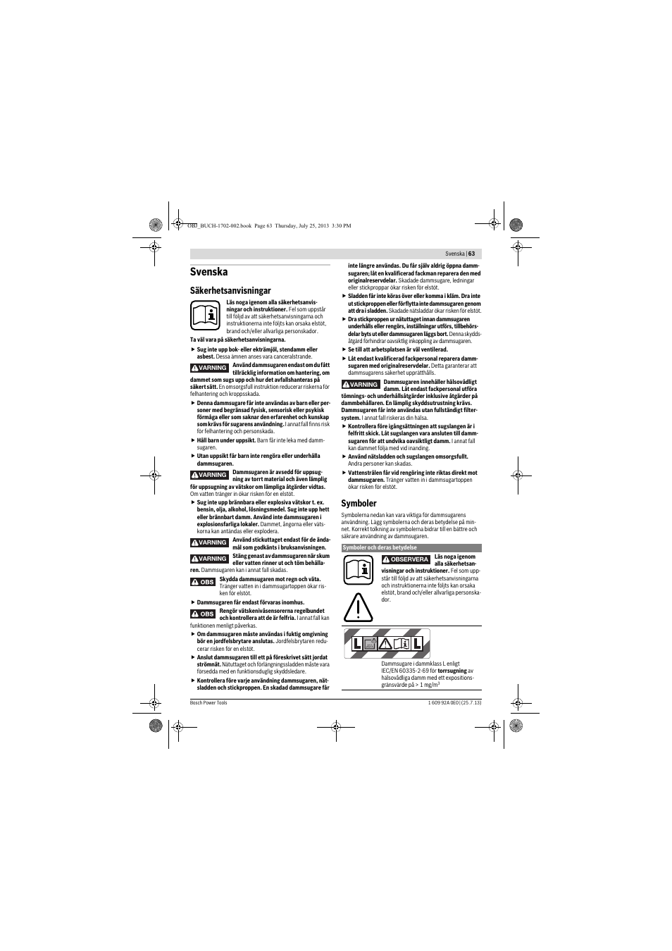 Svenska, Säkerhetsanvisningar, Symboler | Bosch GAS 35 L SFC+ Professional User Manual | Page 63 / 219