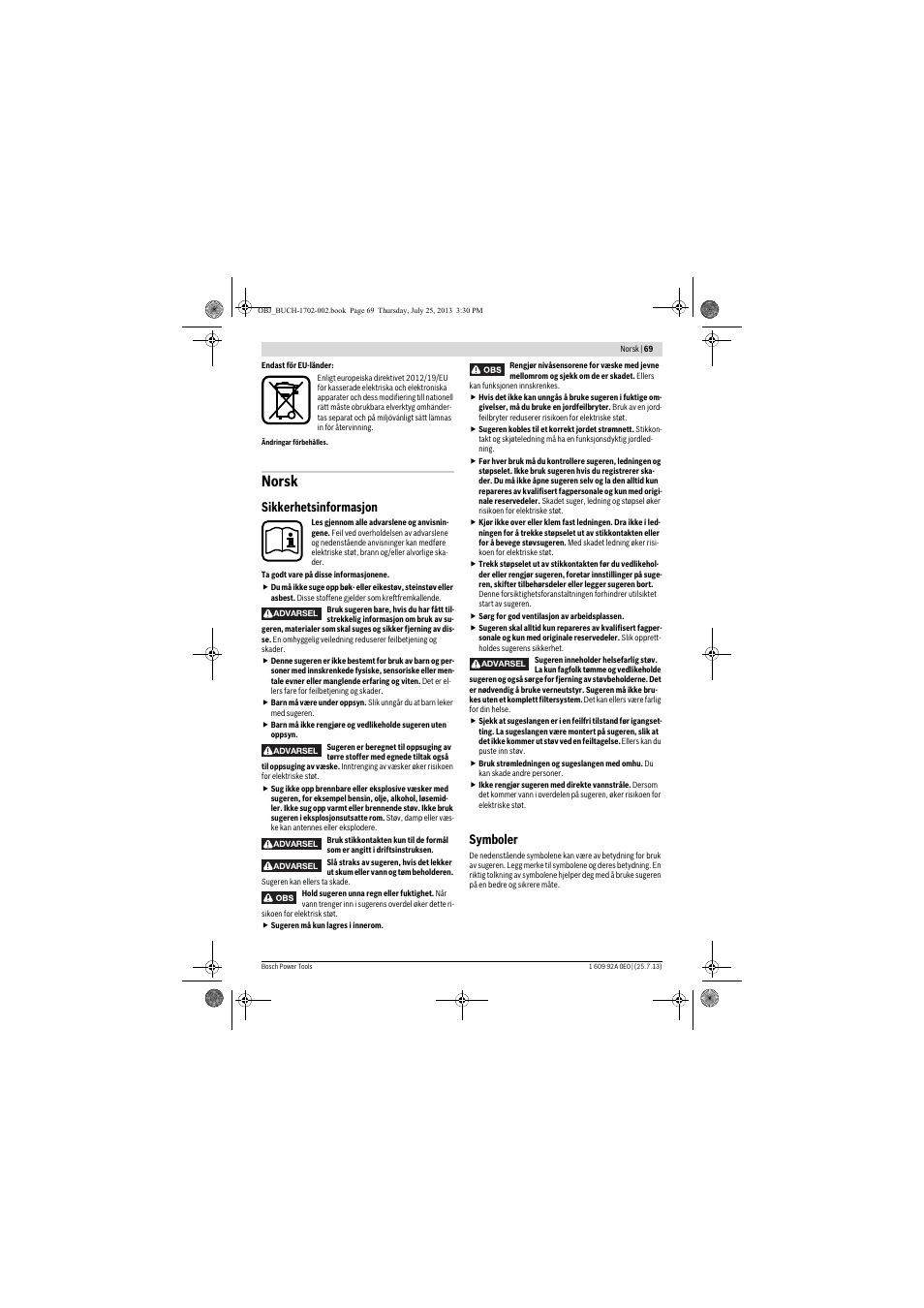 Norsk, Sikkerhetsinformasjon, Symboler | Bosch GAS 35 L SFC+ Professional User Manual | Page 69 / 219