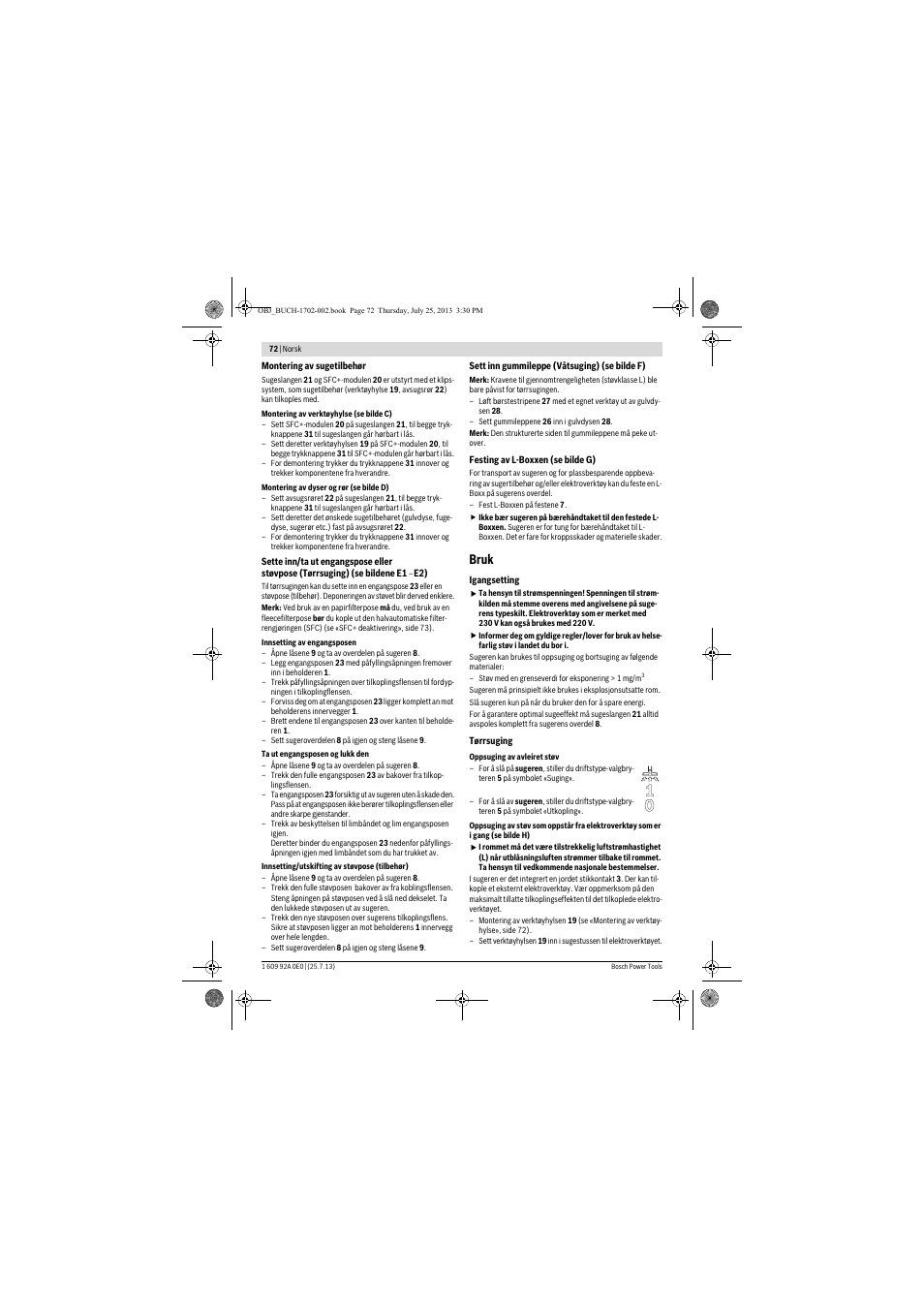 Bruk | Bosch GAS 35 L SFC+ Professional User Manual | Page 72 / 219