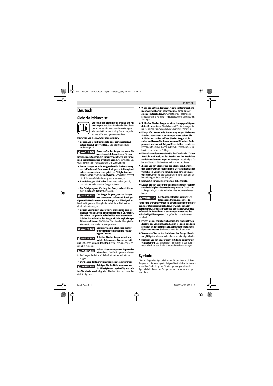 Deutsch, Sicherheitshinweise, Symbole | Bosch GAS 35 L SFC+ Professional User Manual | Page 9 / 219