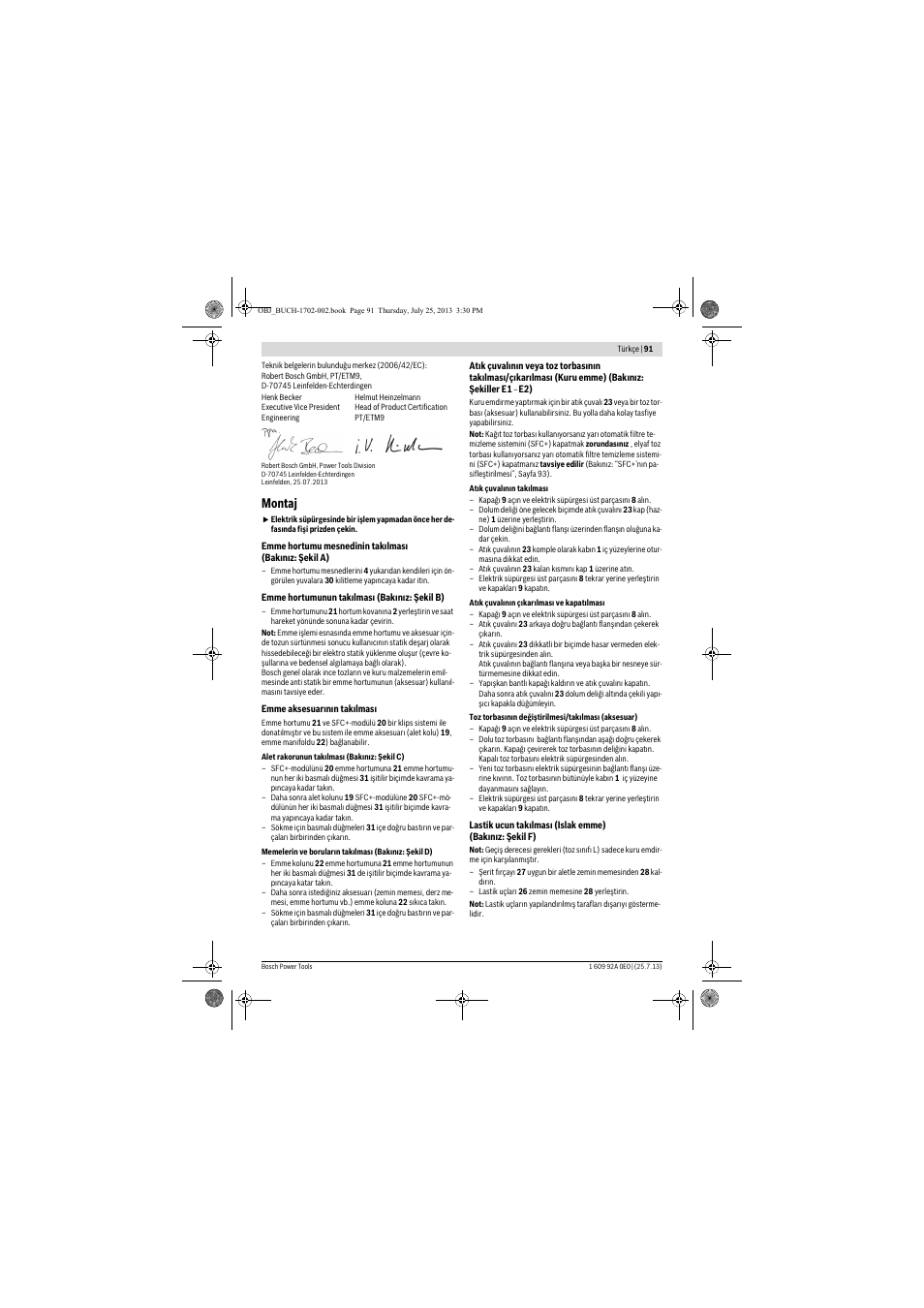 Montaj | Bosch GAS 35 L SFC+ Professional User Manual | Page 91 / 219