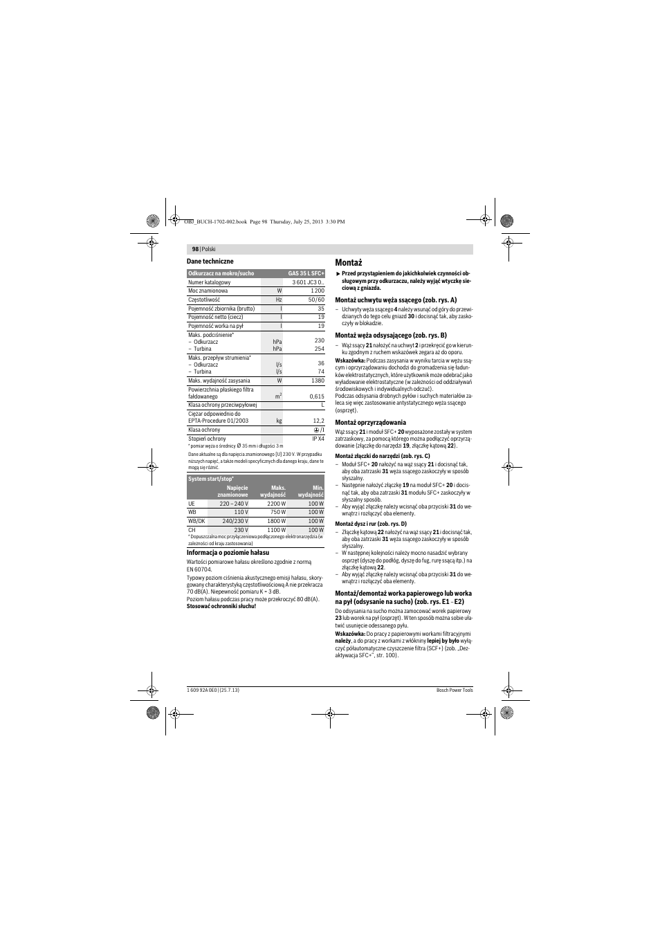 Montaż | Bosch GAS 35 L SFC+ Professional User Manual | Page 98 / 219