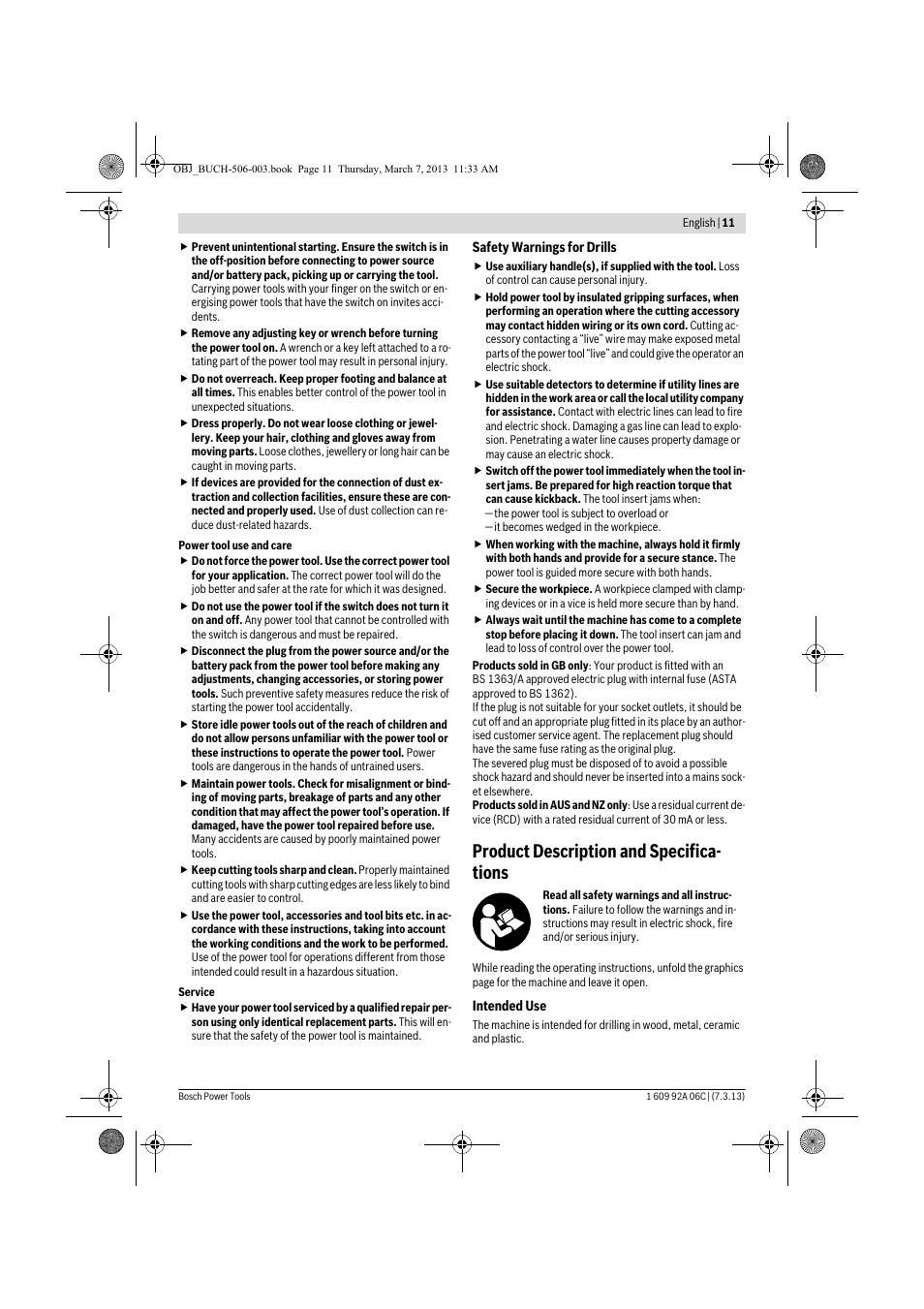 Product description and specifica- tions | Bosch GBM 32-4 Professional User Manual | Page 11 / 138