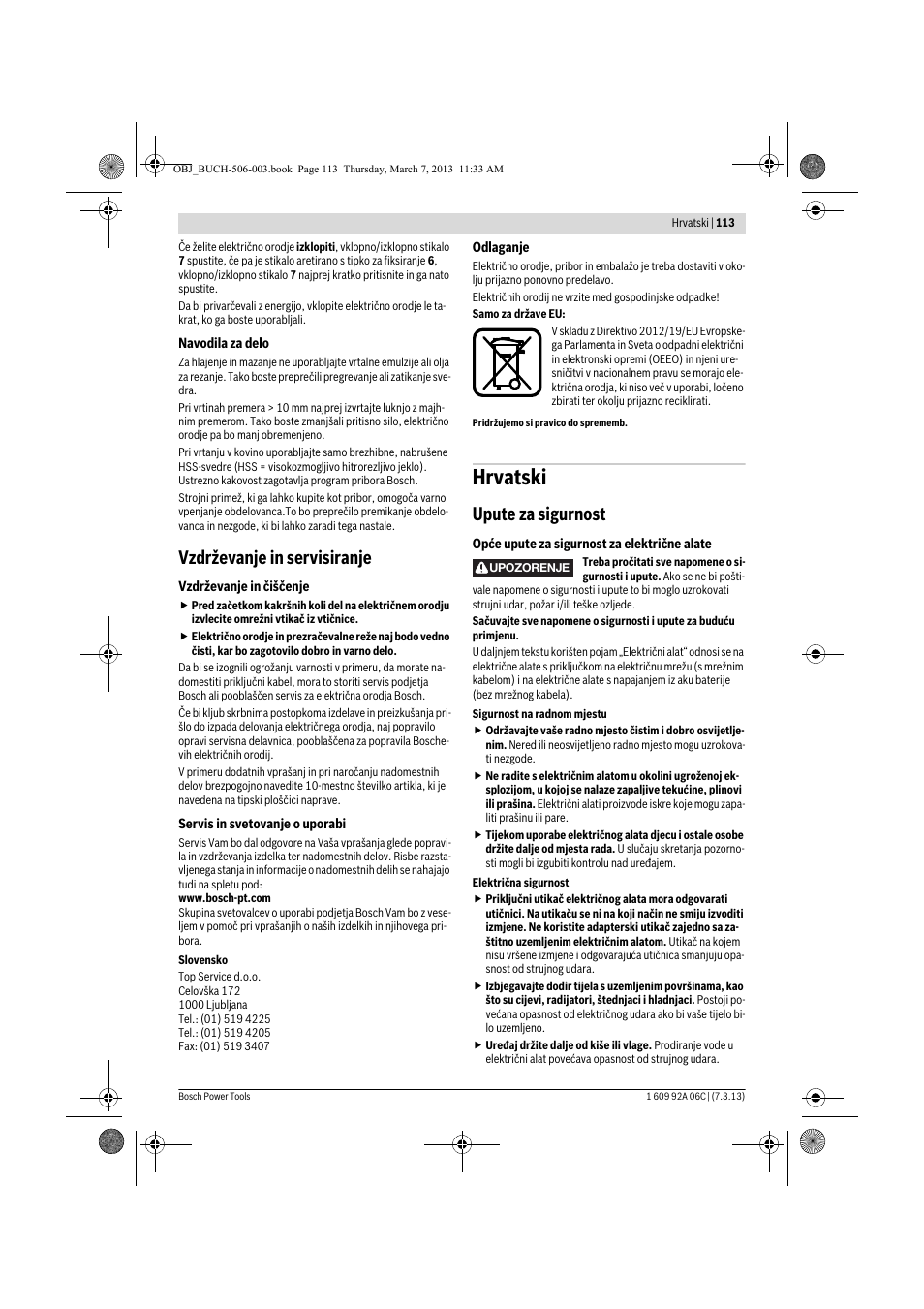 Hrvatski, Vzdrževanje in servisiranje, Upute za sigurnost | Bosch GBM 32-4 Professional User Manual | Page 113 / 138