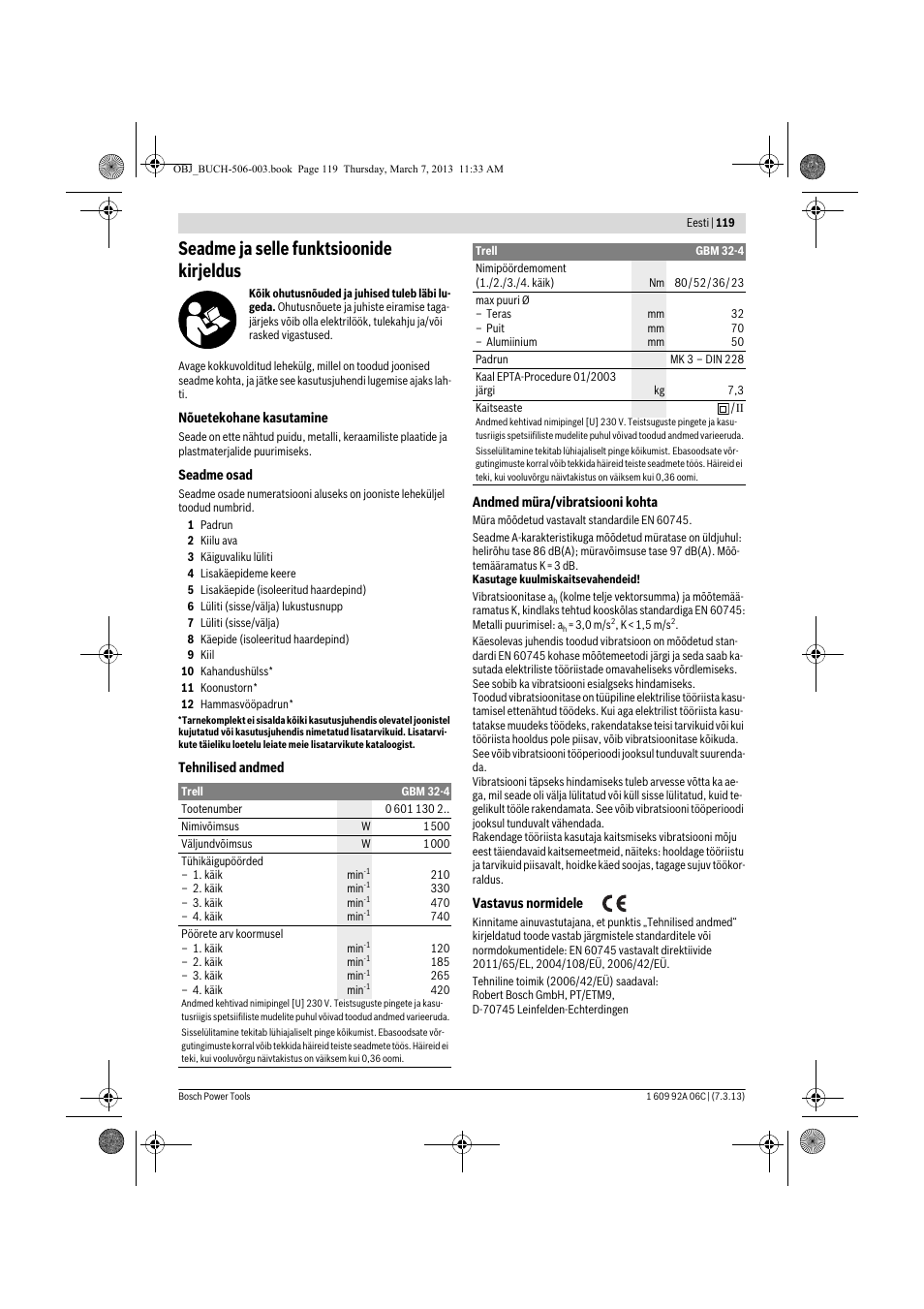 Seadme ja selle funktsioonide kirjeldus | Bosch GBM 32-4 Professional User Manual | Page 119 / 138