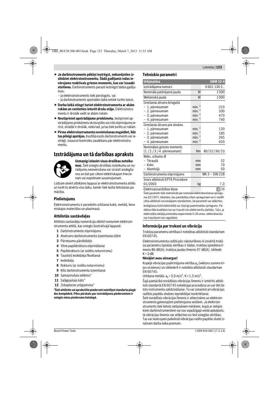 Izstrādājuma un tā darbības apraksts | Bosch GBM 32-4 Professional User Manual | Page 123 / 138