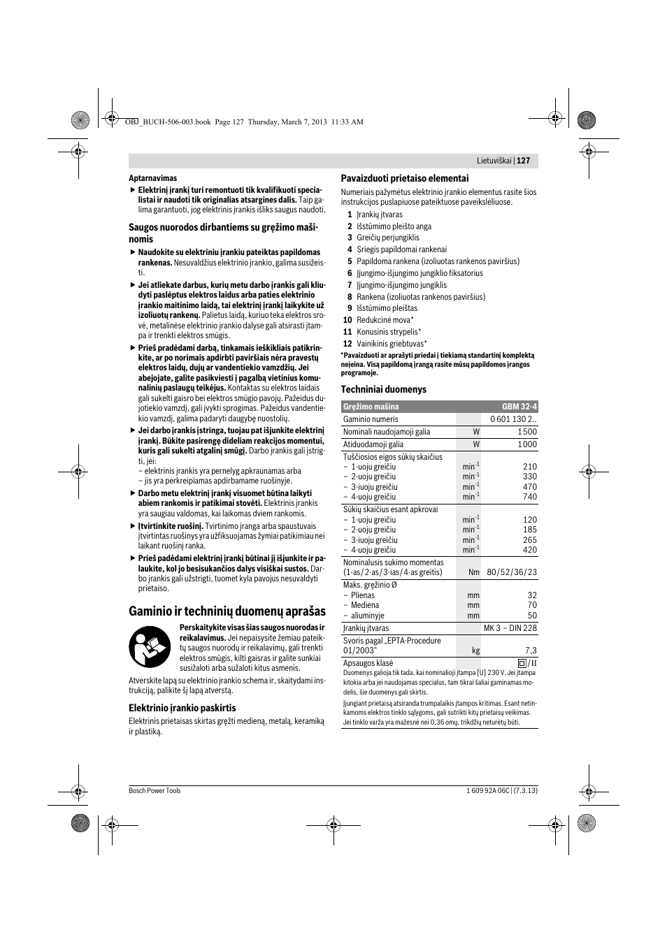 Gaminio ir techninių duomenų aprašas | Bosch GBM 32-4 Professional User Manual | Page 127 / 138