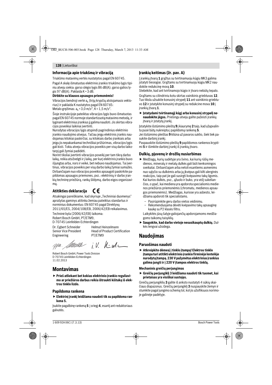 Montavimas, Naudojimas | Bosch GBM 32-4 Professional User Manual | Page 128 / 138
