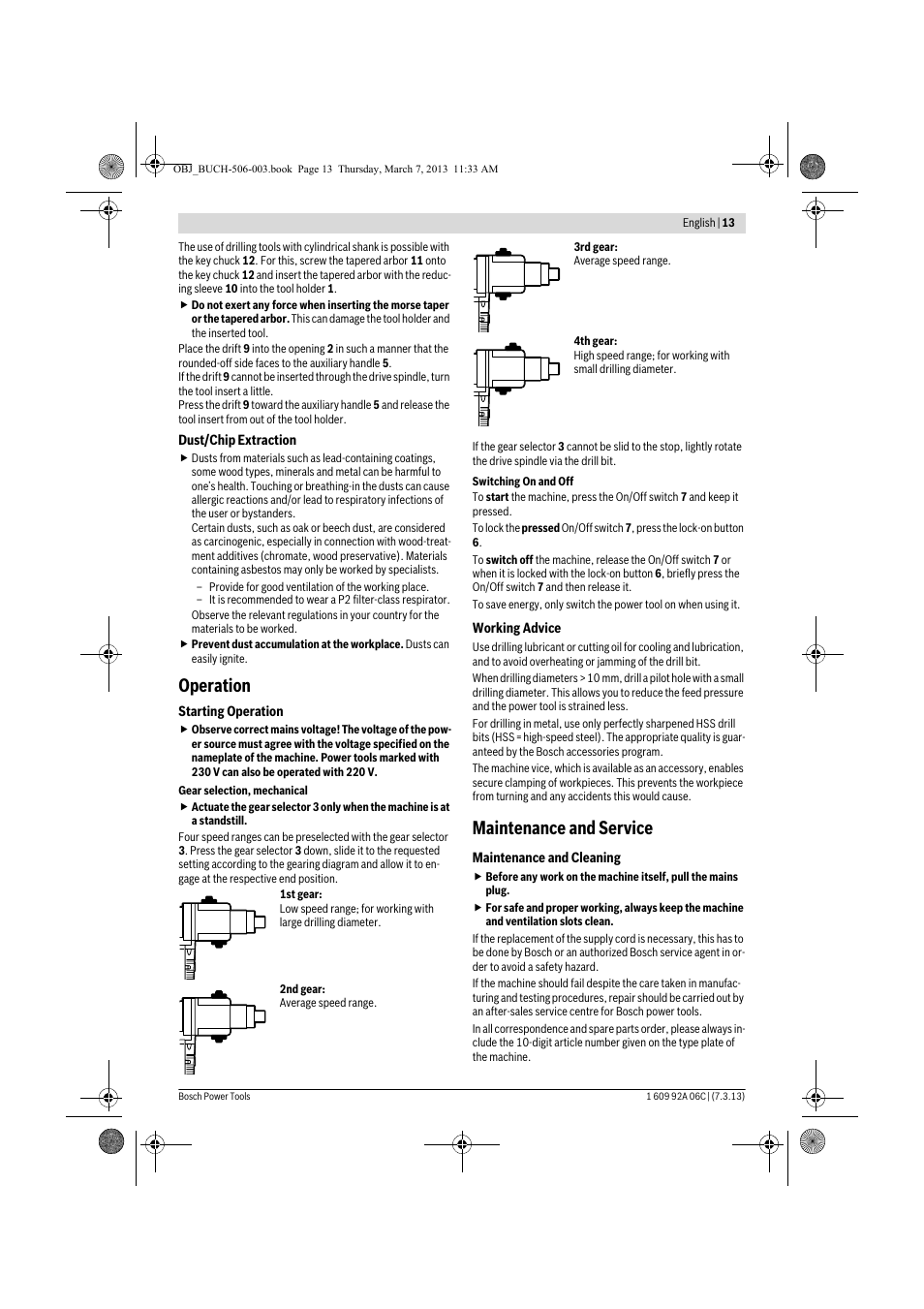 Operation, Maintenance and service | Bosch GBM 32-4 Professional User Manual | Page 13 / 138