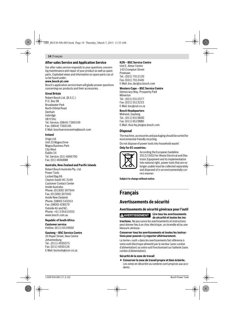 Français, Avertissements de sécurité | Bosch GBM 32-4 Professional User Manual | Page 14 / 138