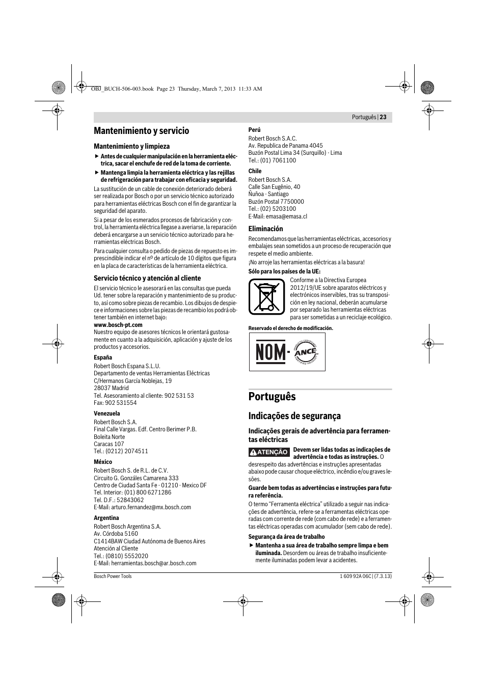 Português, Mantenimiento y servicio, Indicações de segurança | Bosch GBM 32-4 Professional User Manual | Page 23 / 138