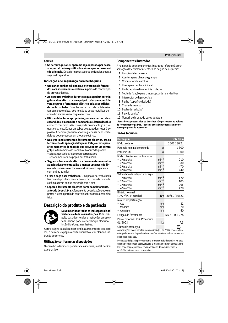Descrição do produto e da potência | Bosch GBM 32-4 Professional User Manual | Page 25 / 138