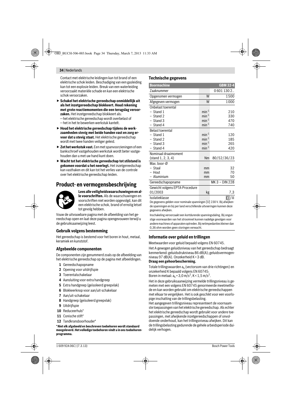 Product- en vermogensbeschrijving | Bosch GBM 32-4 Professional User Manual | Page 34 / 138