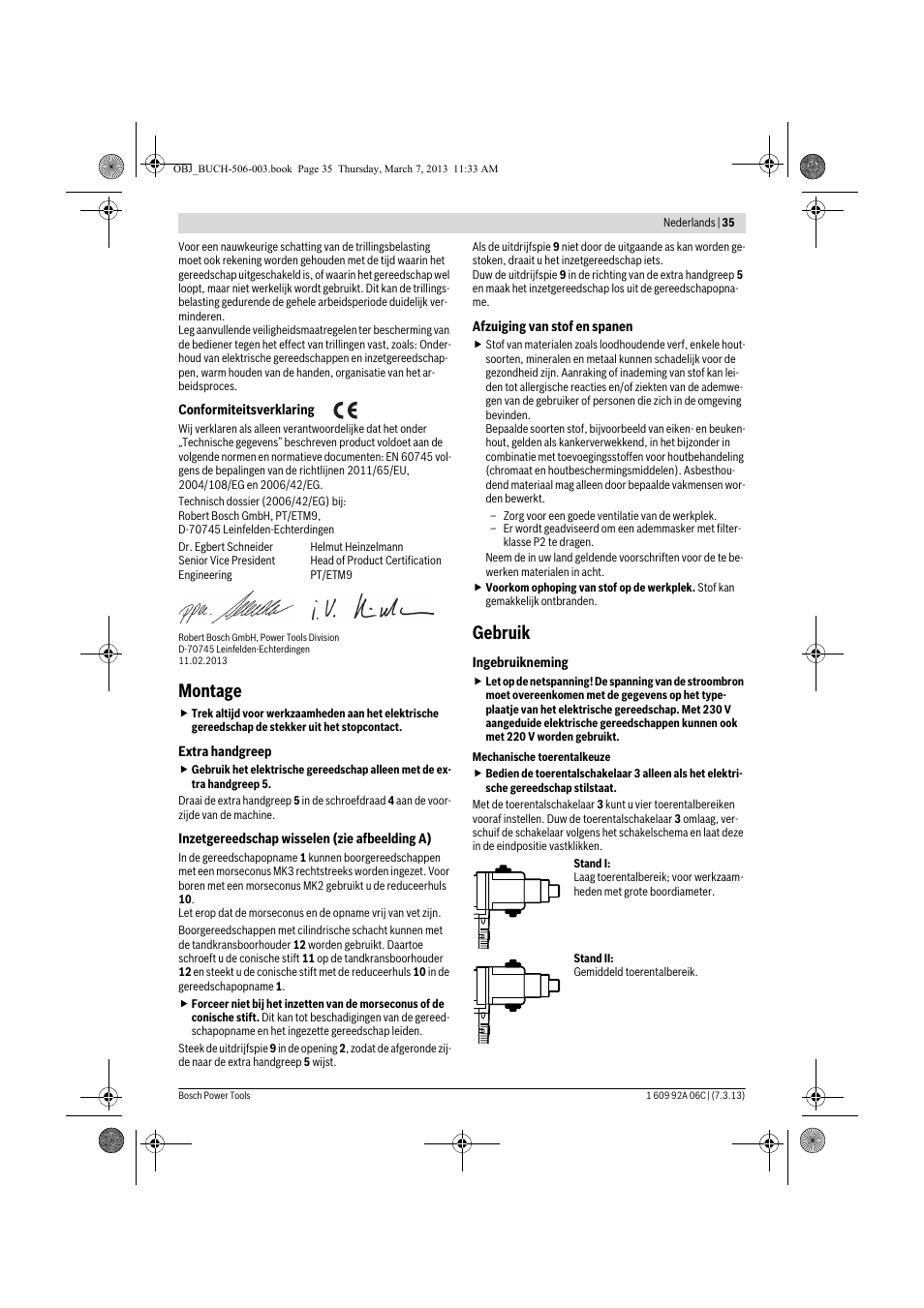 Montage, Gebruik | Bosch GBM 32-4 Professional User Manual | Page 35 / 138