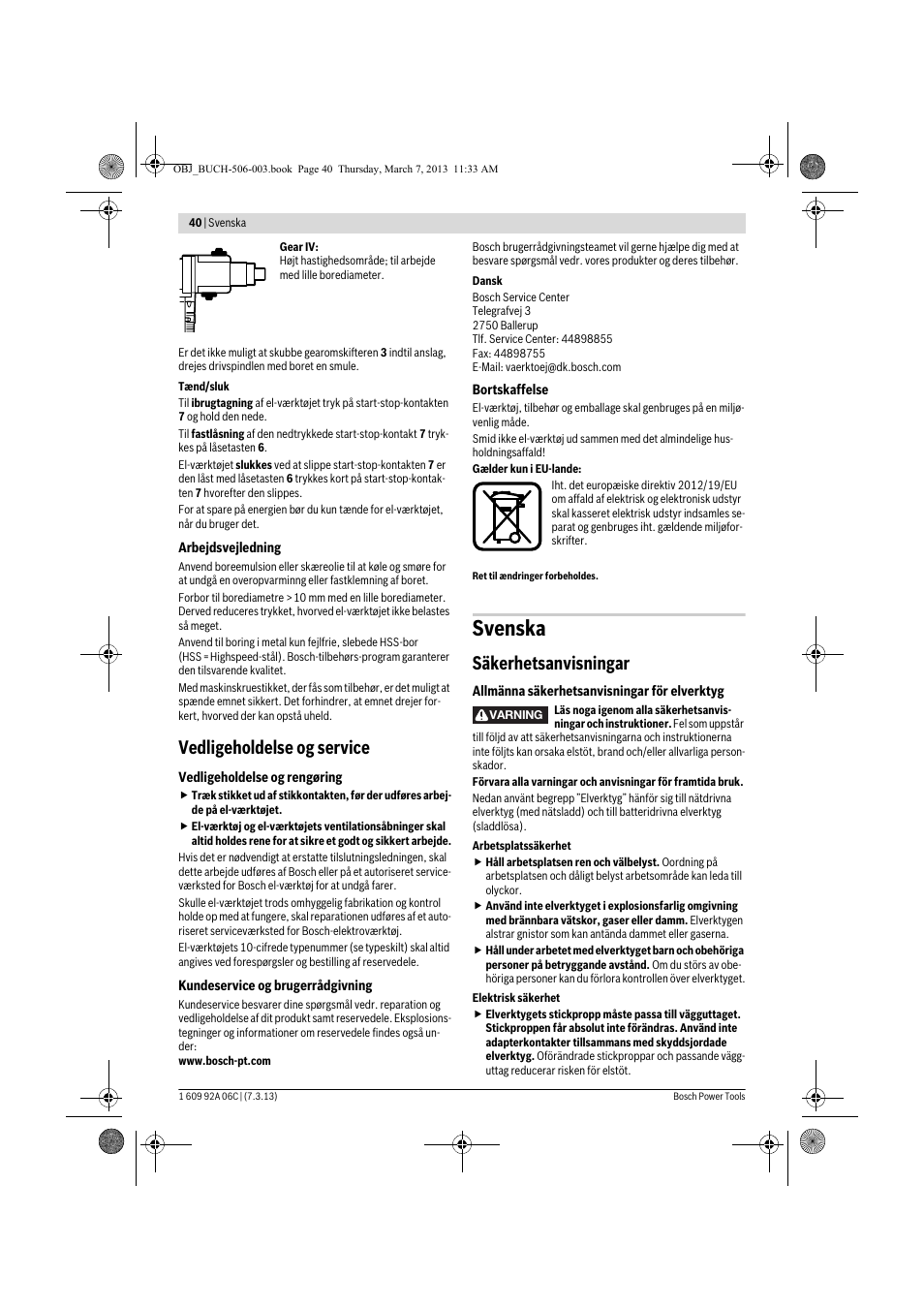 Svenska, Vedligeholdelse og service, Säkerhetsanvisningar | Bosch GBM 32-4 Professional User Manual | Page 40 / 138