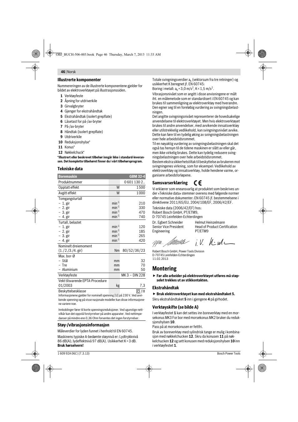 Montering | Bosch GBM 32-4 Professional User Manual | Page 46 / 138