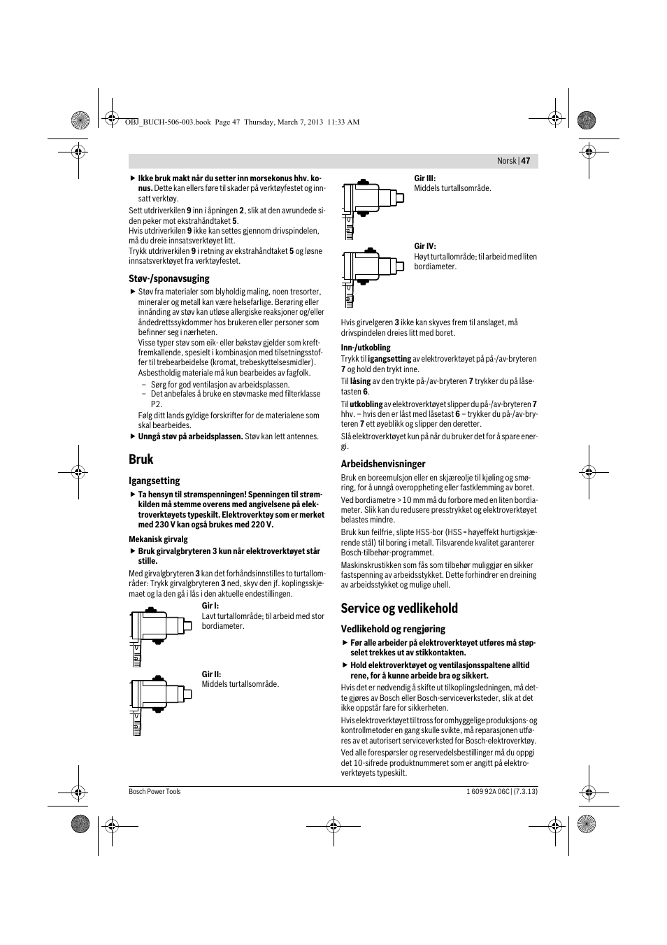 Bruk, Service og vedlikehold | Bosch GBM 32-4 Professional User Manual | Page 47 / 138