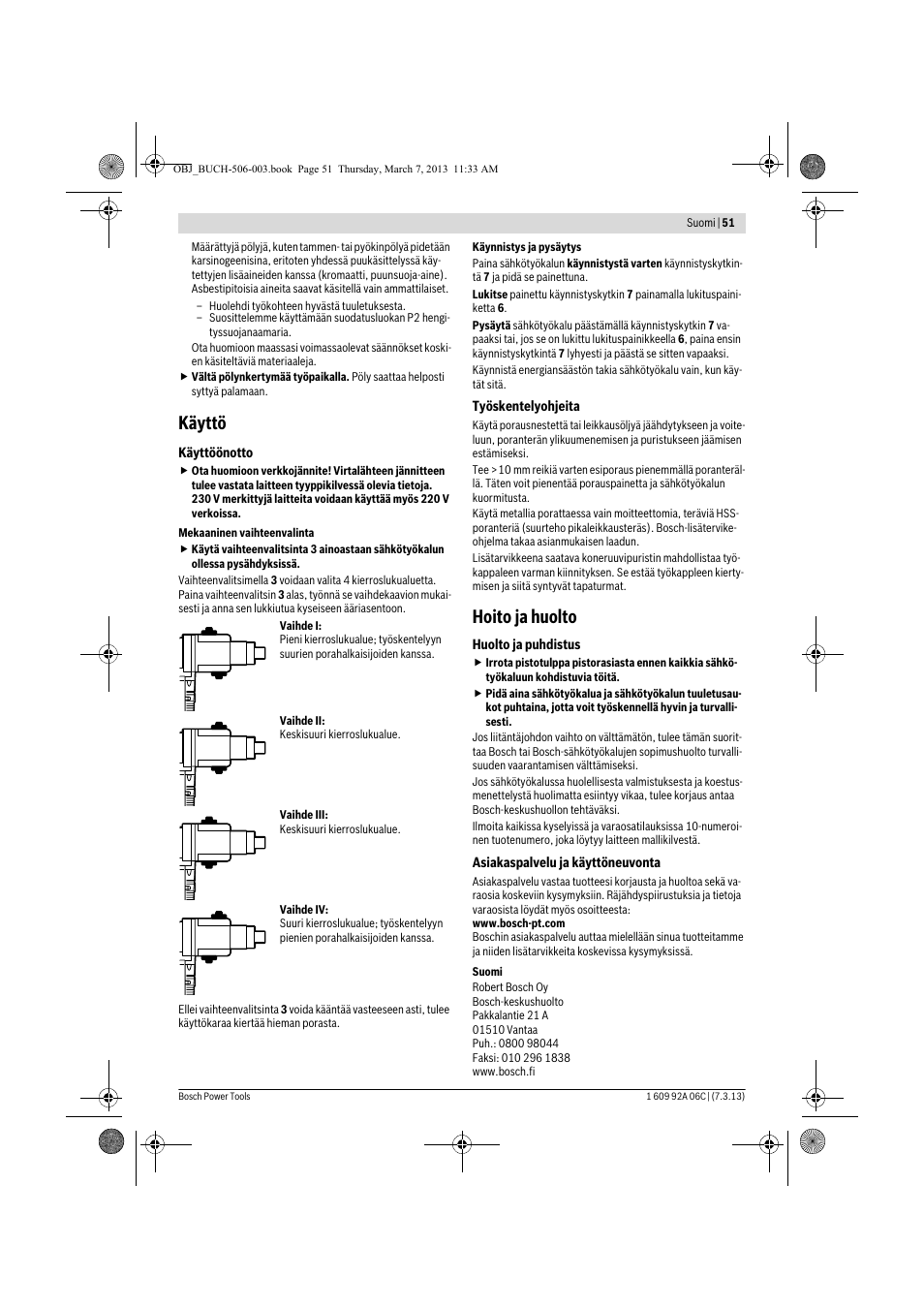 Käyttö, Hoito ja huolto | Bosch GBM 32-4 Professional User Manual | Page 51 / 138