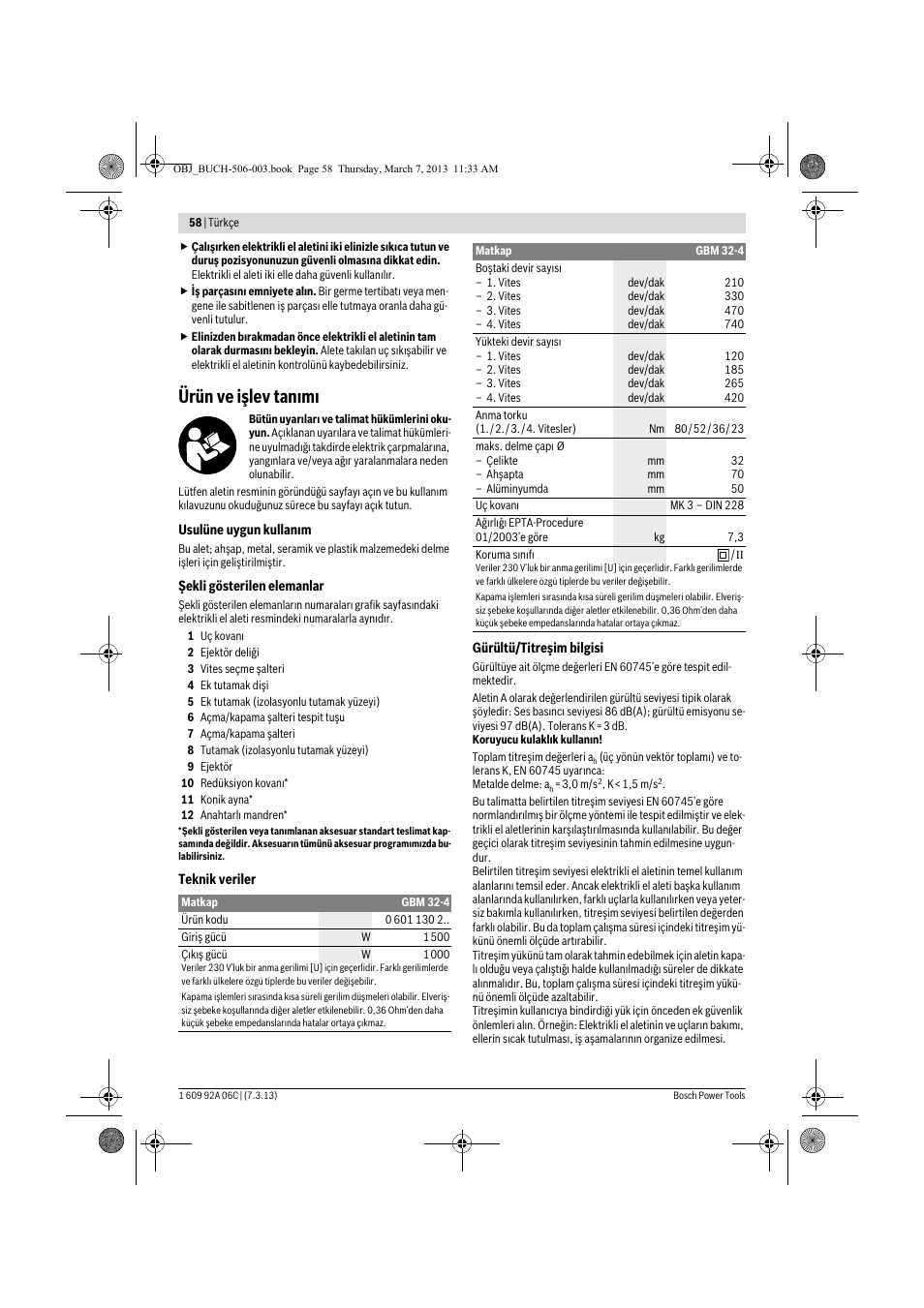 Ürün ve işlev tanımı | Bosch GBM 32-4 Professional User Manual | Page 58 / 138