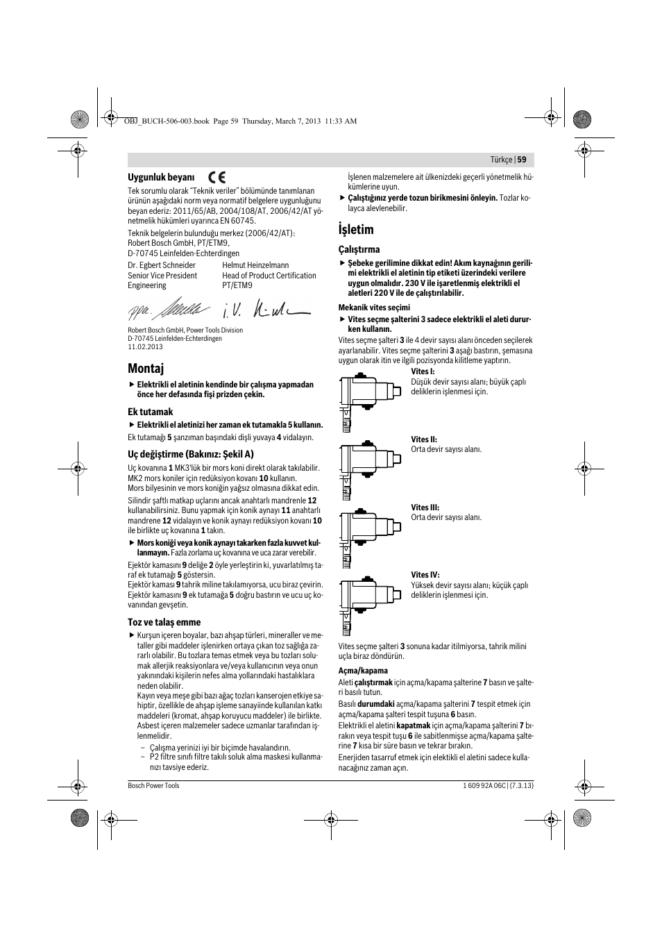 Montaj, Işletim | Bosch GBM 32-4 Professional User Manual | Page 59 / 138