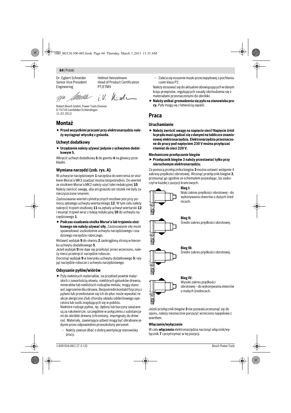 Montaż, Praca | Bosch GBM 32-4 Professional User Manual | Page 64 / 138
