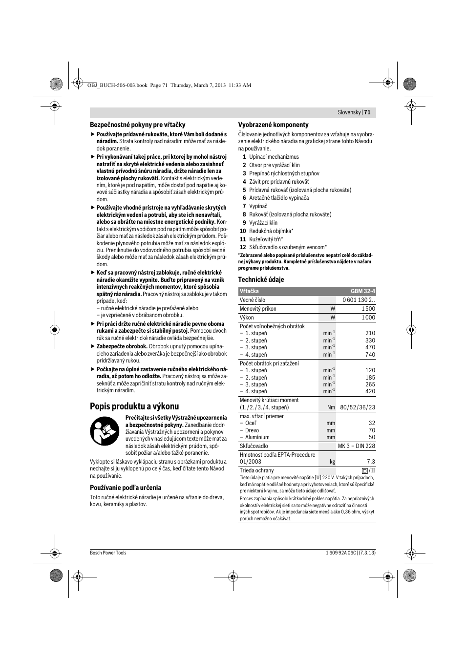 Popis produktu a výkonu | Bosch GBM 32-4 Professional User Manual | Page 71 / 138