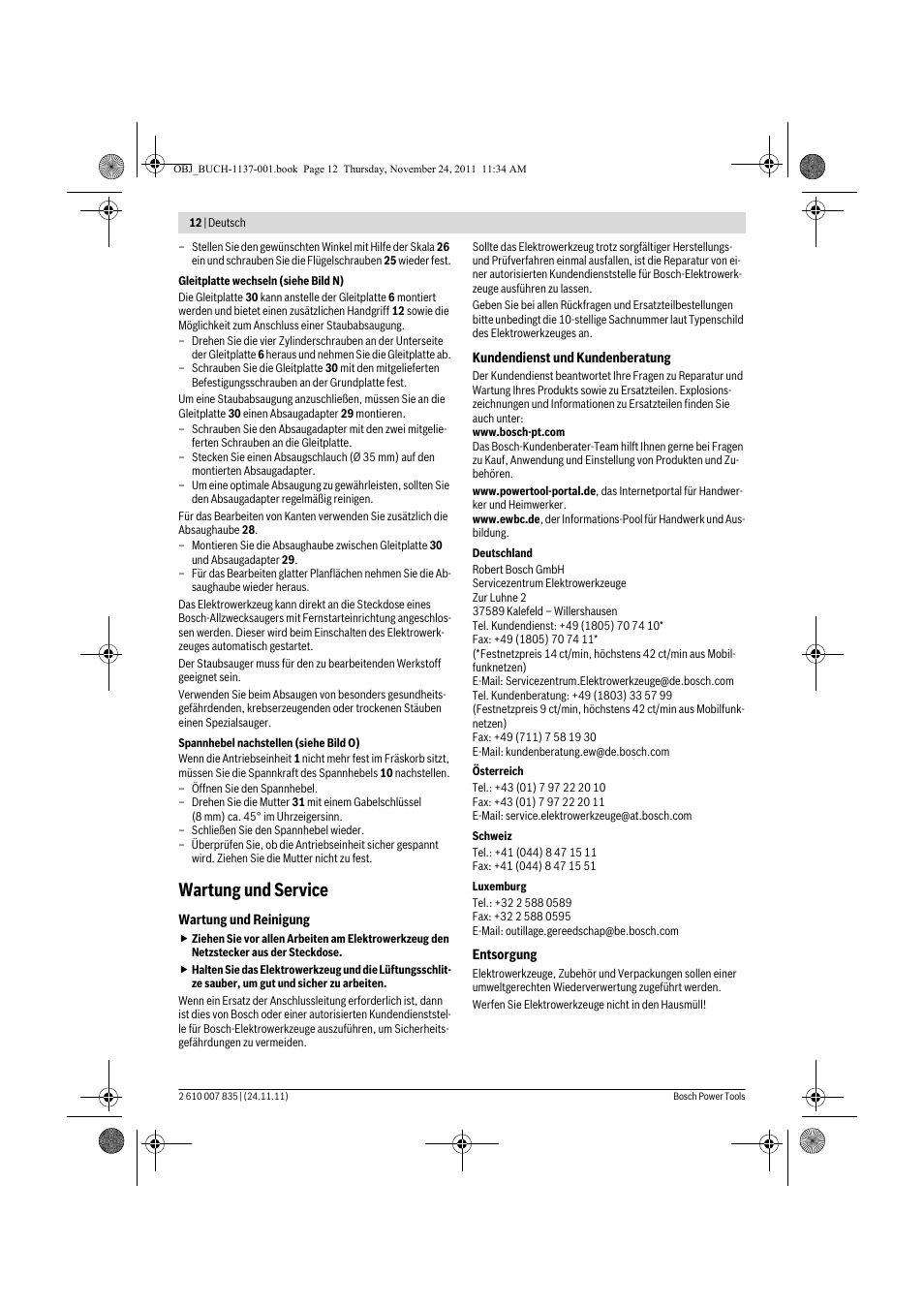 Wartung und service | Bosch GKF 600 Professional User Manual | Page 12 / 178