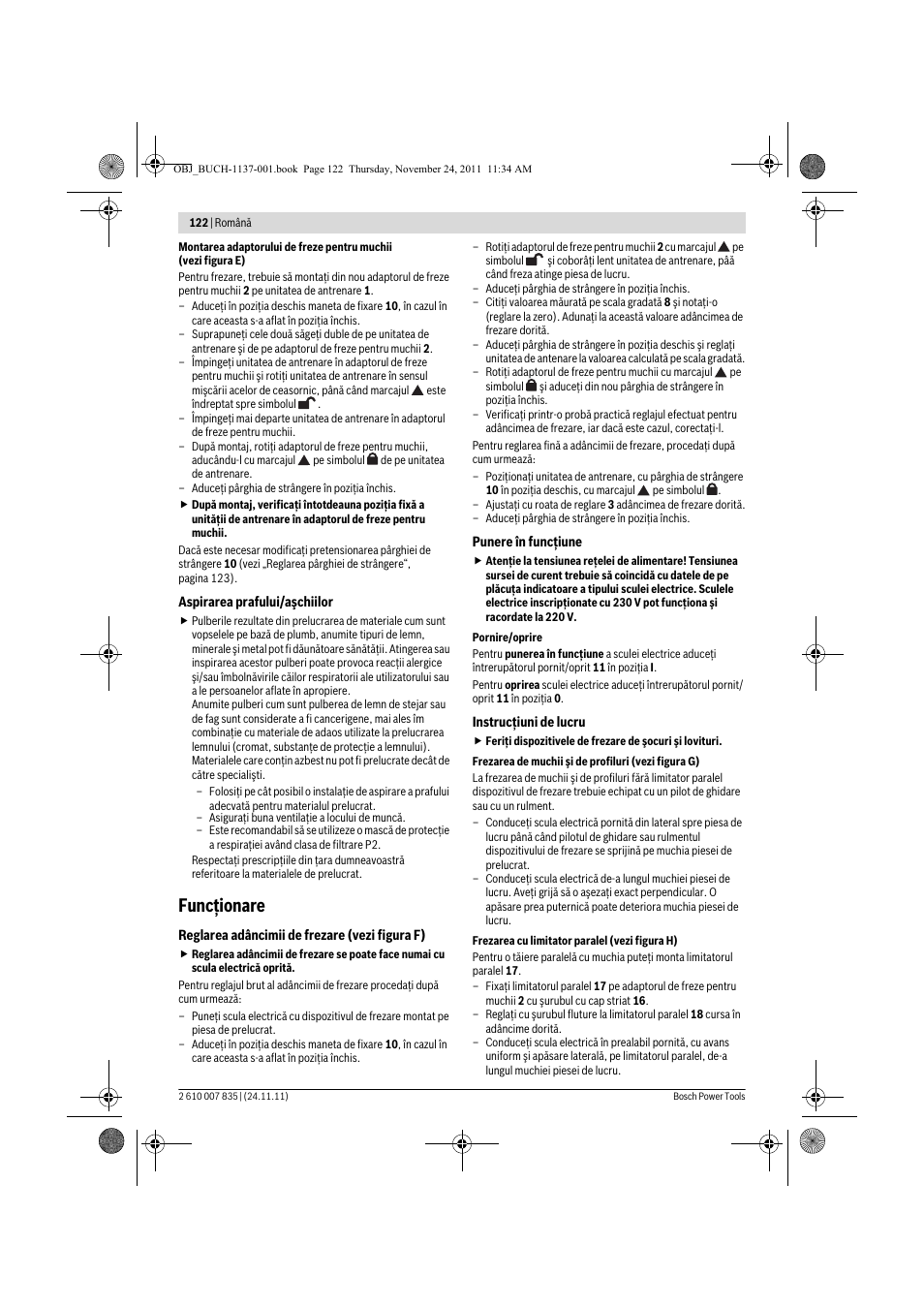 Funcţionare | Bosch GKF 600 Professional User Manual | Page 122 / 178