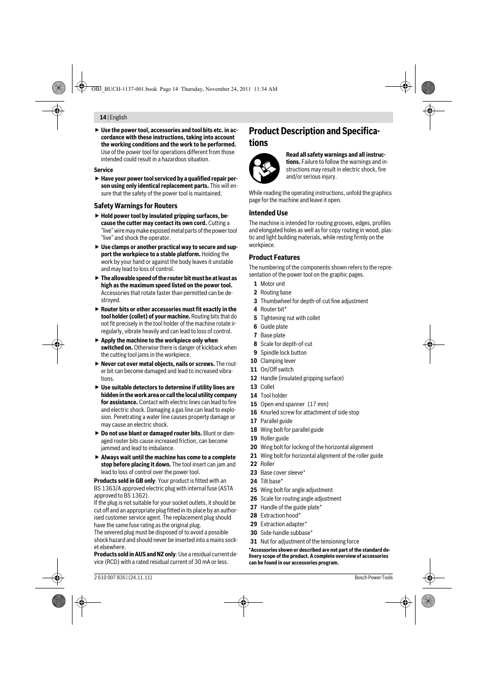 Product description and specifica- tions | Bosch GKF 600 Professional User Manual | Page 14 / 178