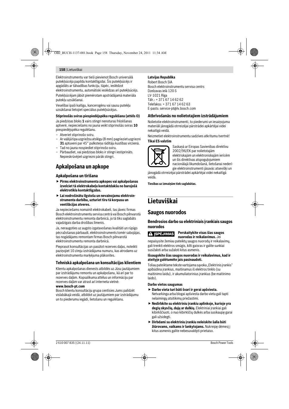 Lietuviškai, Apkalpošana un apkope, Saugos nuorodos | Bosch GKF 600 Professional User Manual | Page 158 / 178