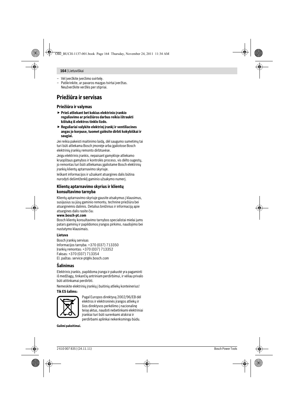 Priežiūra ir servisas | Bosch GKF 600 Professional User Manual | Page 164 / 178