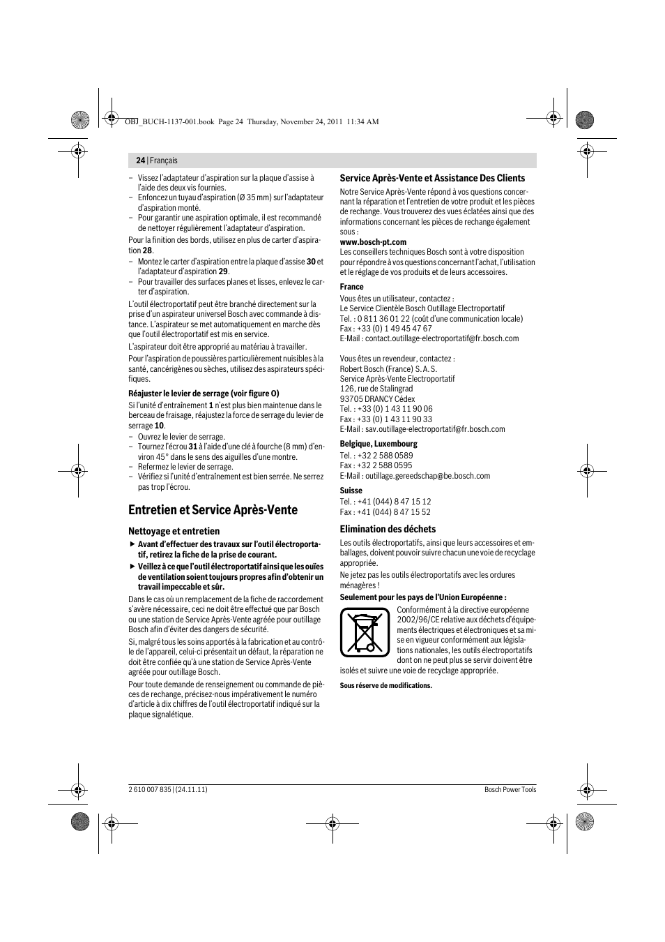 Entretien et service après-vente | Bosch GKF 600 Professional User Manual | Page 24 / 178